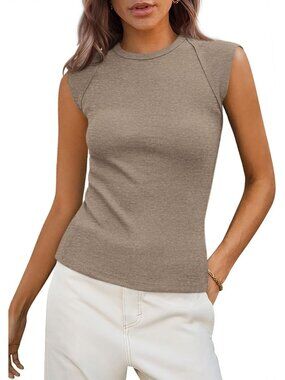 Women's Dark Khaki Polyester Blend Cap Sleeve Slim Fitted Basic Casual Tank Top